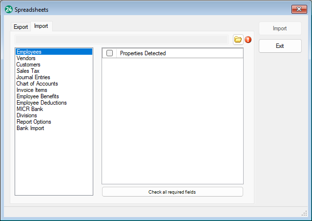 Import spreadsheets screen